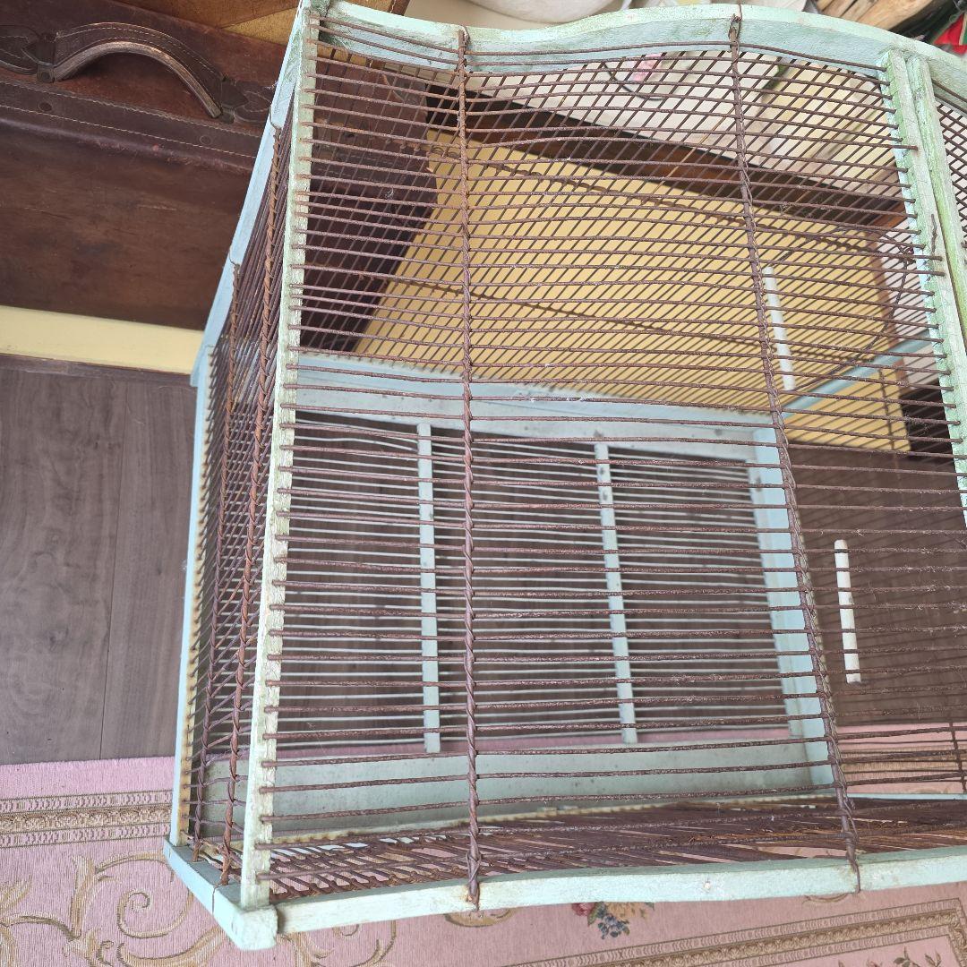 フランスアンティーク　エメラルドグリーン　アーチ　木製　バードゲージ　大型