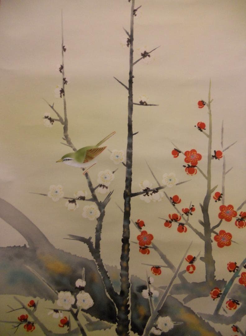 掛け軸 昇陽 作 『 梅鶯之図 』 絹本 共箱 希少 軸装 茶道具 掛軸 美品