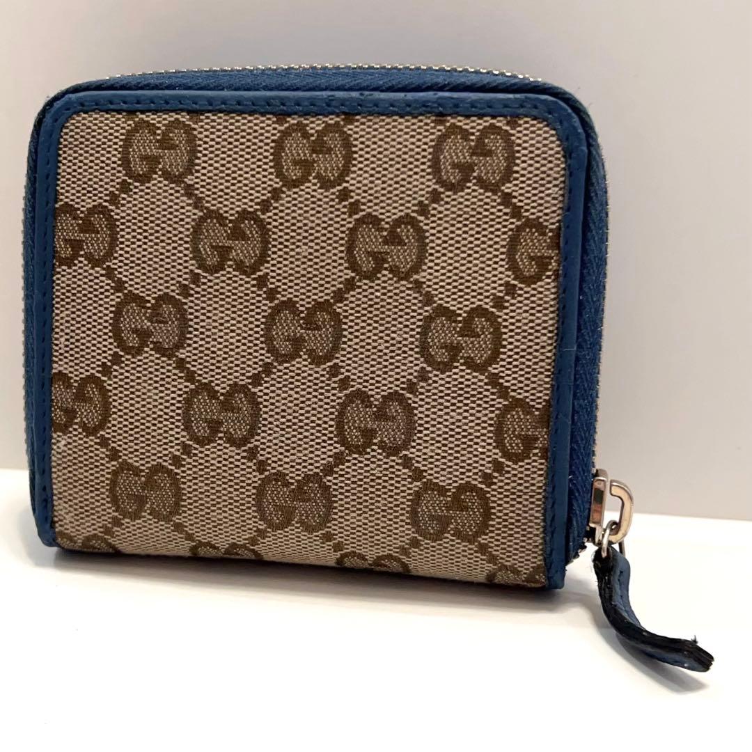 グッチ 折り財布 GGキャンバス GG ラウンドファスナー コンパクト ブルー