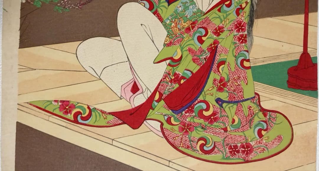 浮世絵、曾我十郎大磯通之圖三枚綴りの右側1枚売りです。橋本周延画、明治23年出版