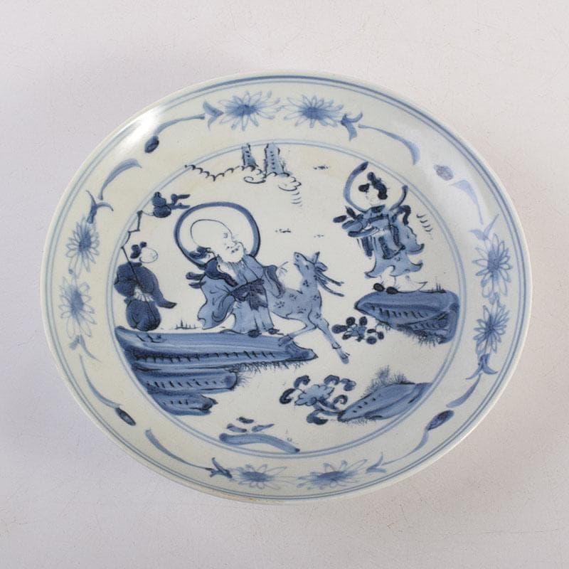 中国　天啓年製　青花　山水人物文盤　皿　V　R8823