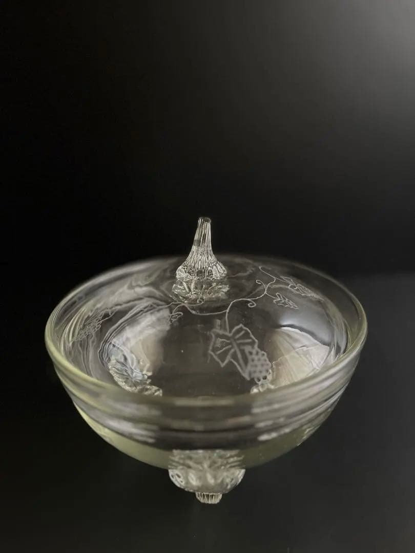 669 骨董 アンティーク 和ガラスの蓋物 菓子器 三つ脚 エッチング 大正期