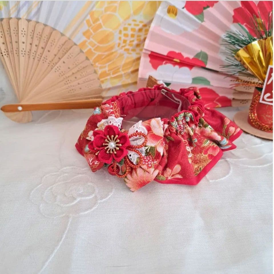 プッチ、お正月仕様和風つまみ細工(ピンク⑤)わんちゃん猫ちゃん用襟つき首輪