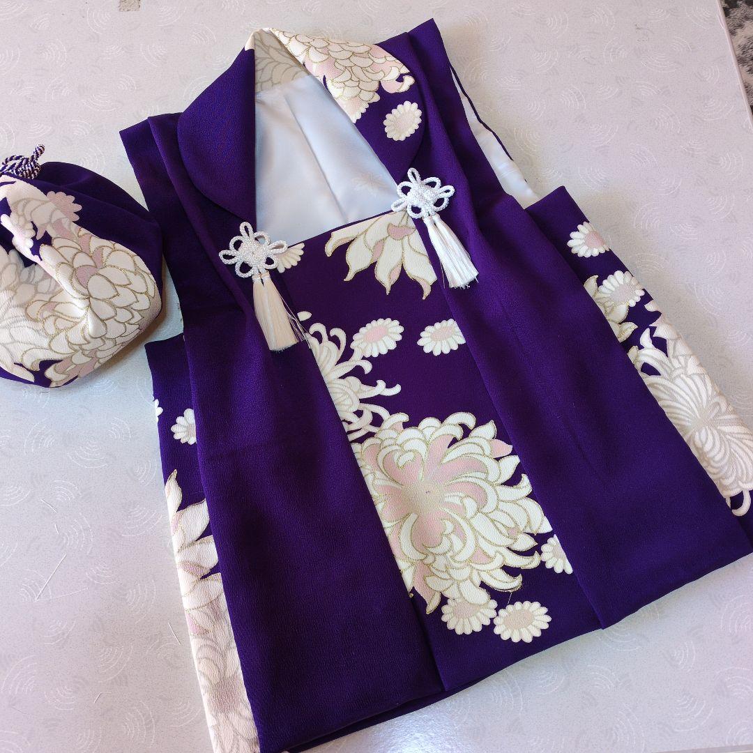 七五三３歳正絹手縫いの被布と巾着のセット（中綿無し）