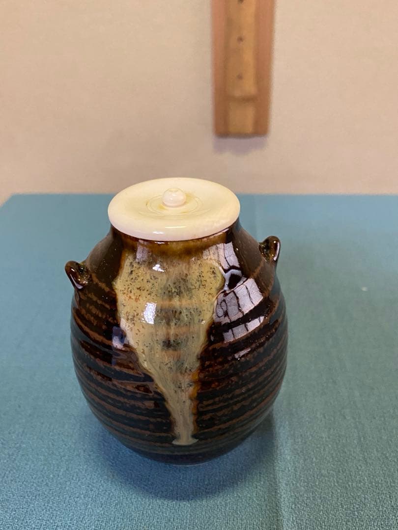 ⭐️本日限定⭐️古膳所写耳付茶入 陽炎園(岩崎新定) 遠州市松宝 西陣織 共箱