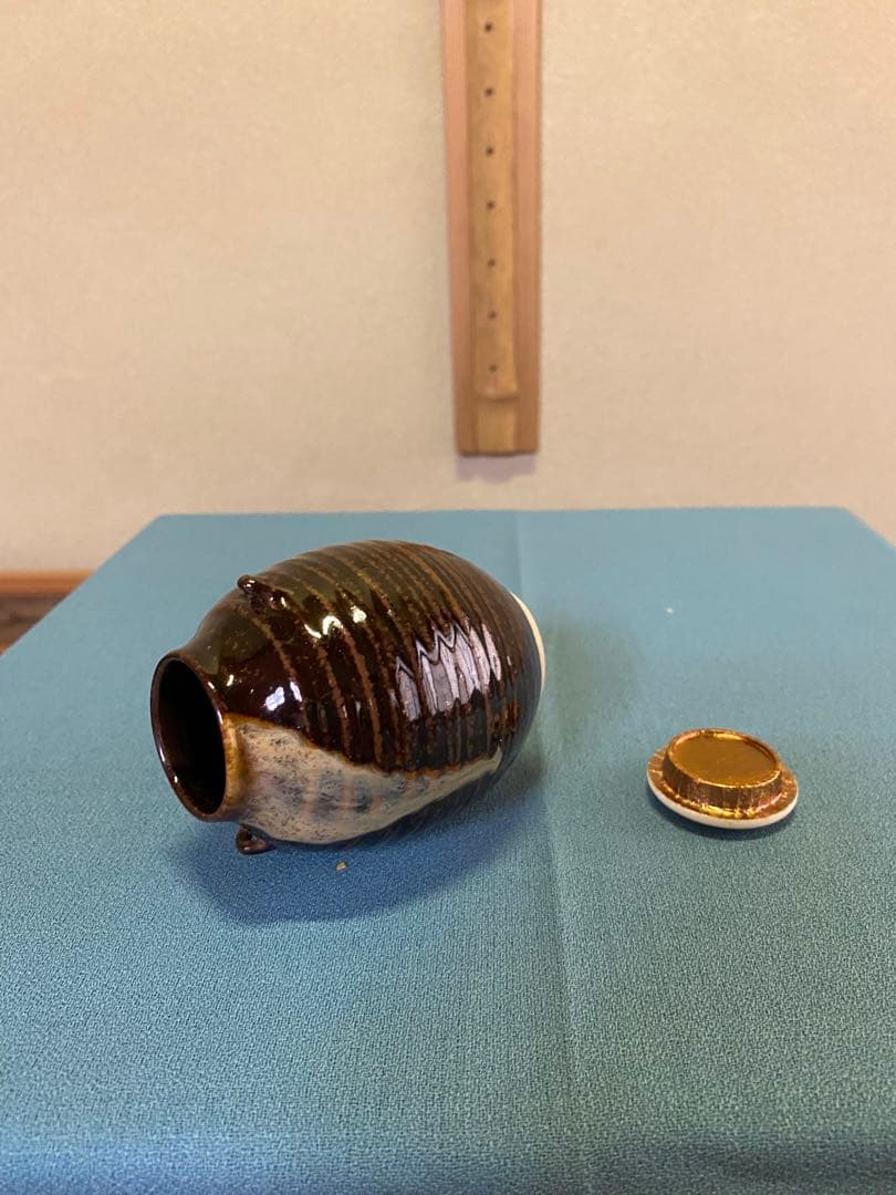 ⭐️本日限定⭐️古膳所写耳付茶入 陽炎園(岩崎新定) 遠州市松宝 西陣織 共箱