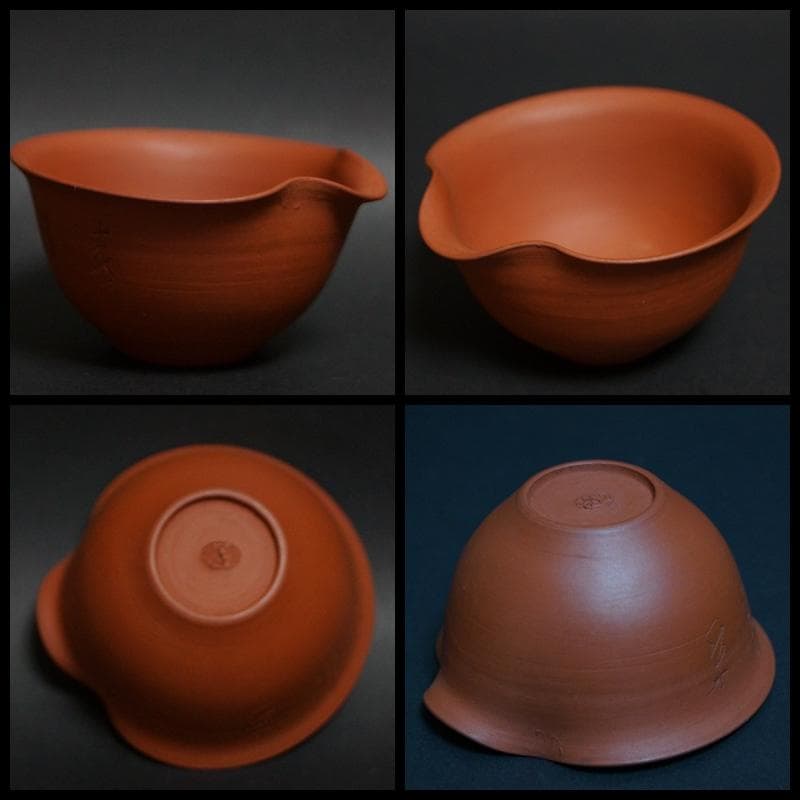 茶道具 常滑焼朱泥横手急須/湯冷し/煎茶碗(5客) 煎茶揃い在銘細工彫『漢詩文』