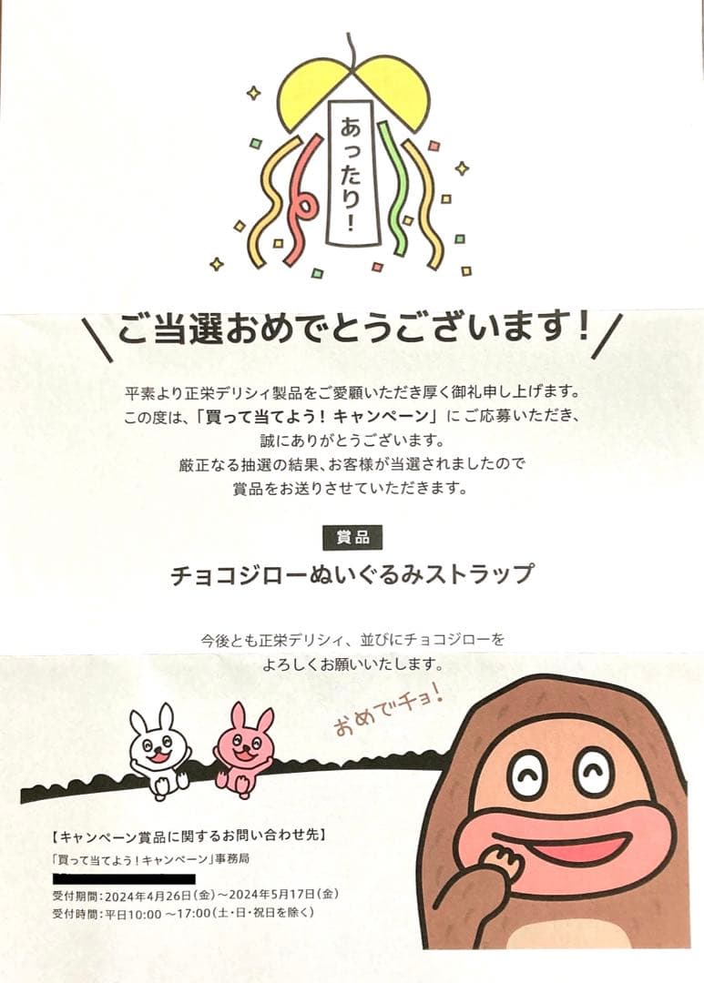 非売品 サク山チョコ次郎ぬいぐるみストラップ 126名限定 当選品 新品未開封