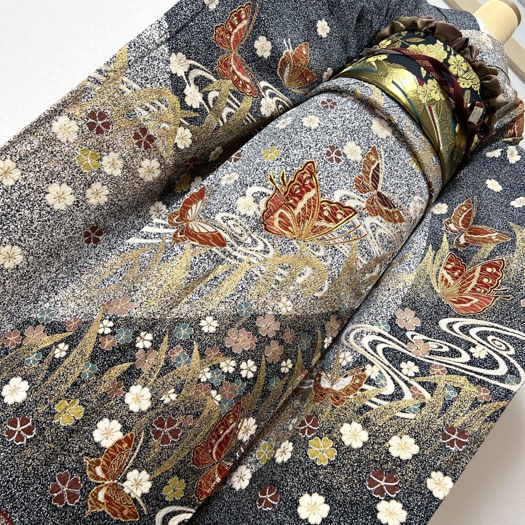 356 振袖フルセット 正絹 グレー 黒モノトーン 金彩 たたき染め シック