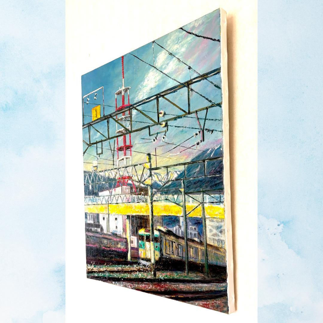 風景画「山間を走る列車」　鉄道風景 北アルプス 油彩画 印象派風 山
