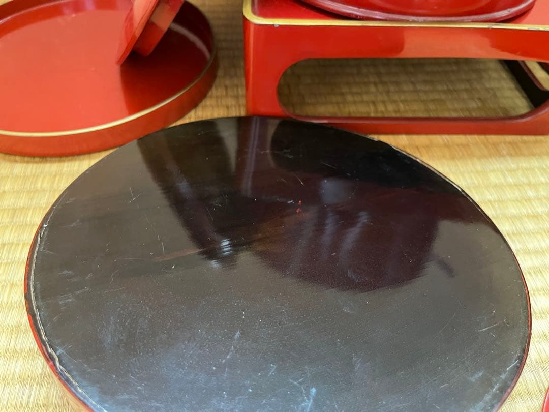 蔵出し 朱塗りのお膳6セットとその他　大量まとめセット！　レトロ品　漆器食器