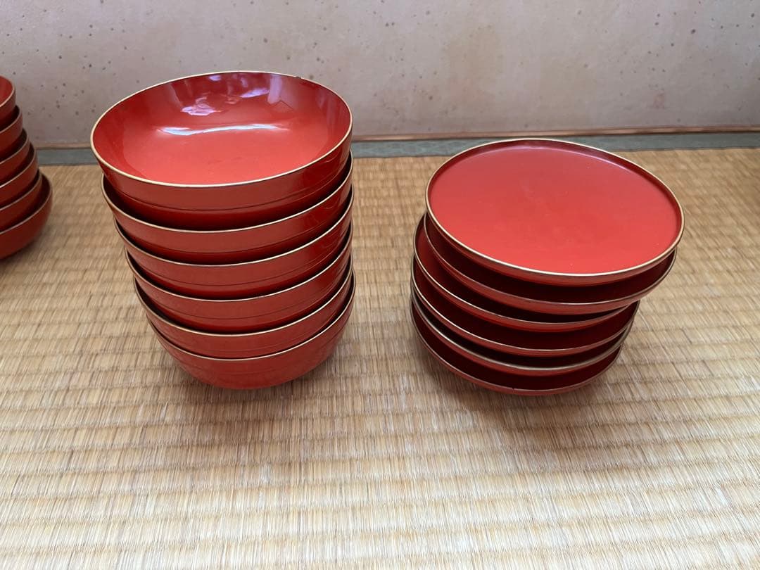 蔵出し 朱塗りのお膳6セットとその他　大量まとめセット！　レトロ品　漆器食器