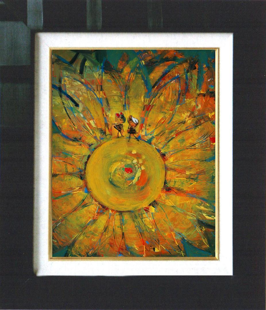 油絵 菅家令子絵 絵画インテリア額付(青緑＋金色の枠)F4-051120ひまわり