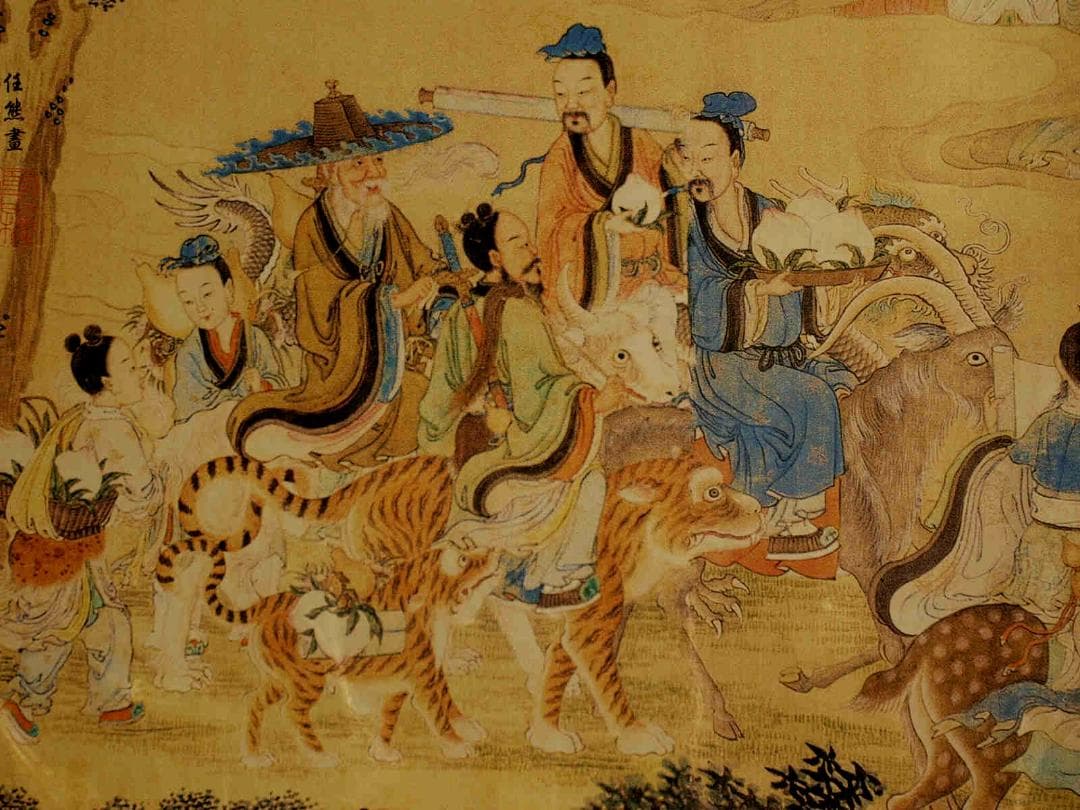 中国清時代 任熊作 群仙祝夀图人物掛け軸骨董品　捲り BD646A14-1