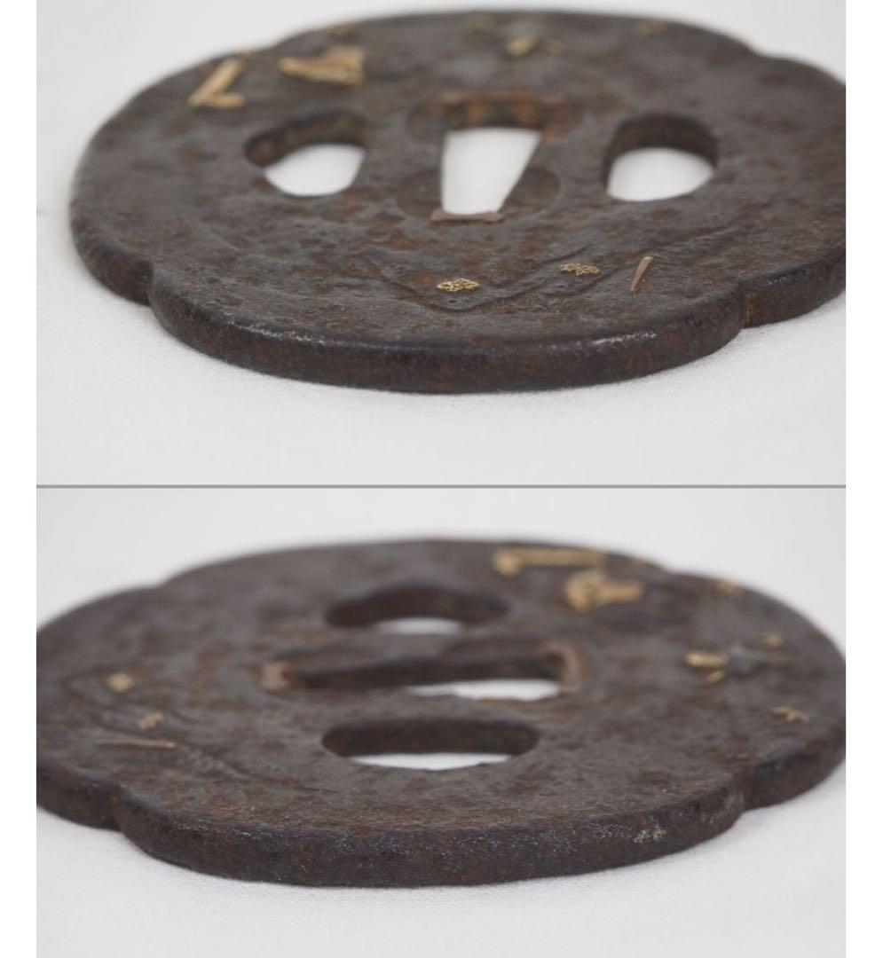 送料無料　江戸時代　無銘鐔/鍔　牛飼いの牧童図象嵌