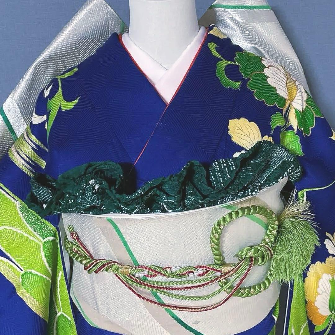 振袖フルセット　手描き友禅　ロイヤルブルーに更紗紋様が異邦人　成人式振袖　振袖