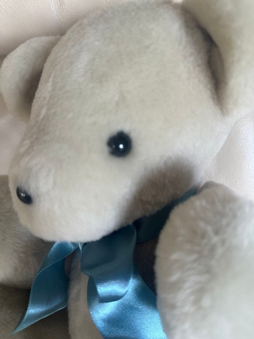 テディベア リアルファー グレーのぬいぐるみ 約30cm 水色リボン