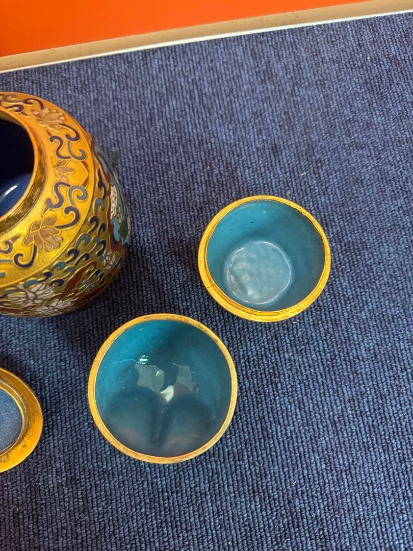 1852   七宝焼　景泰藍　碗1客　茶入1客　フクロウ1客