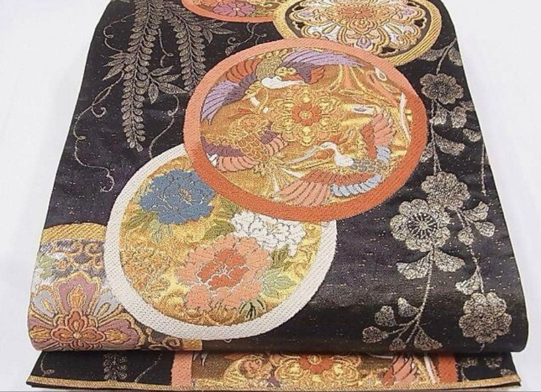 ☆極美品☆振袖フルセット 正絹　シンプル　レトロ　袋帯　黒　からし色