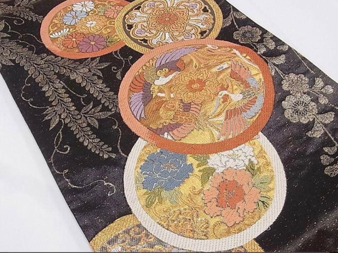 ☆極美品☆振袖フルセット 正絹　シンプル　レトロ　袋帯　黒　からし色