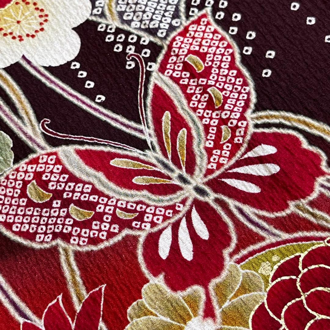 振袖　振り袖　成人式　フルセット　正絹　赤茶　赤　茶　絞り　牡丹　蝶　桜　花柄