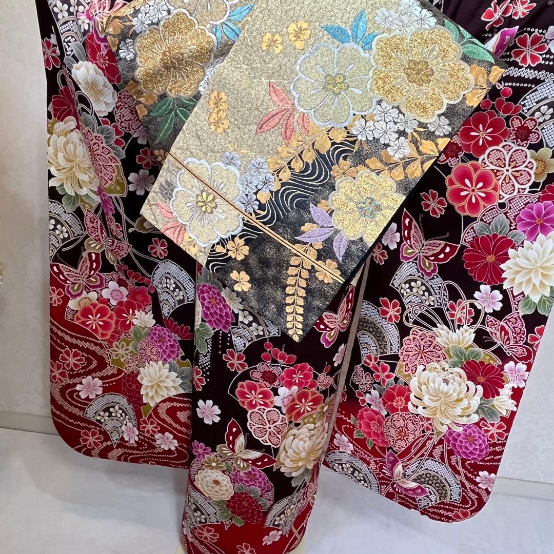 振袖　振り袖　成人式　フルセット　正絹　赤茶　赤　茶　絞り　牡丹　蝶　桜　花柄