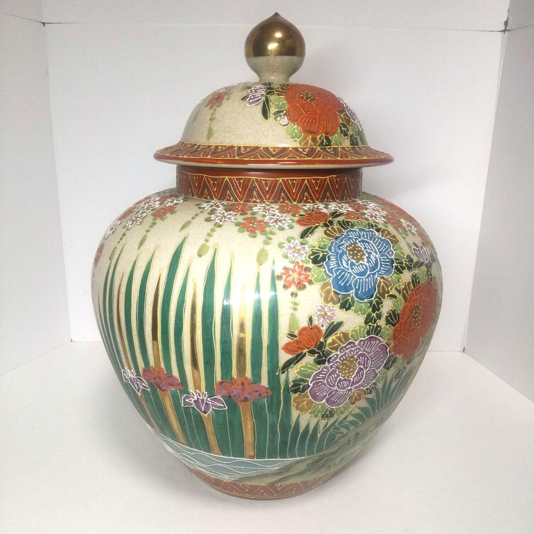 骨董 大型 薩摩焼 白薩摩 丸十字家紋 色絵金彩花 沈香壺 花瓶 年代物