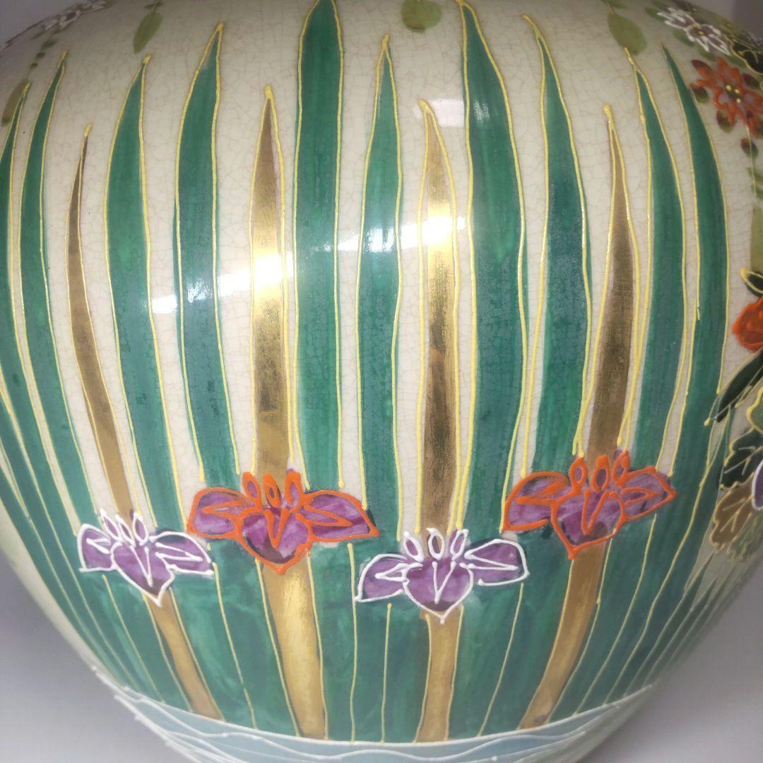 骨董 大型 薩摩焼 白薩摩 丸十字家紋 色絵金彩花 沈香壺 花瓶 年代物