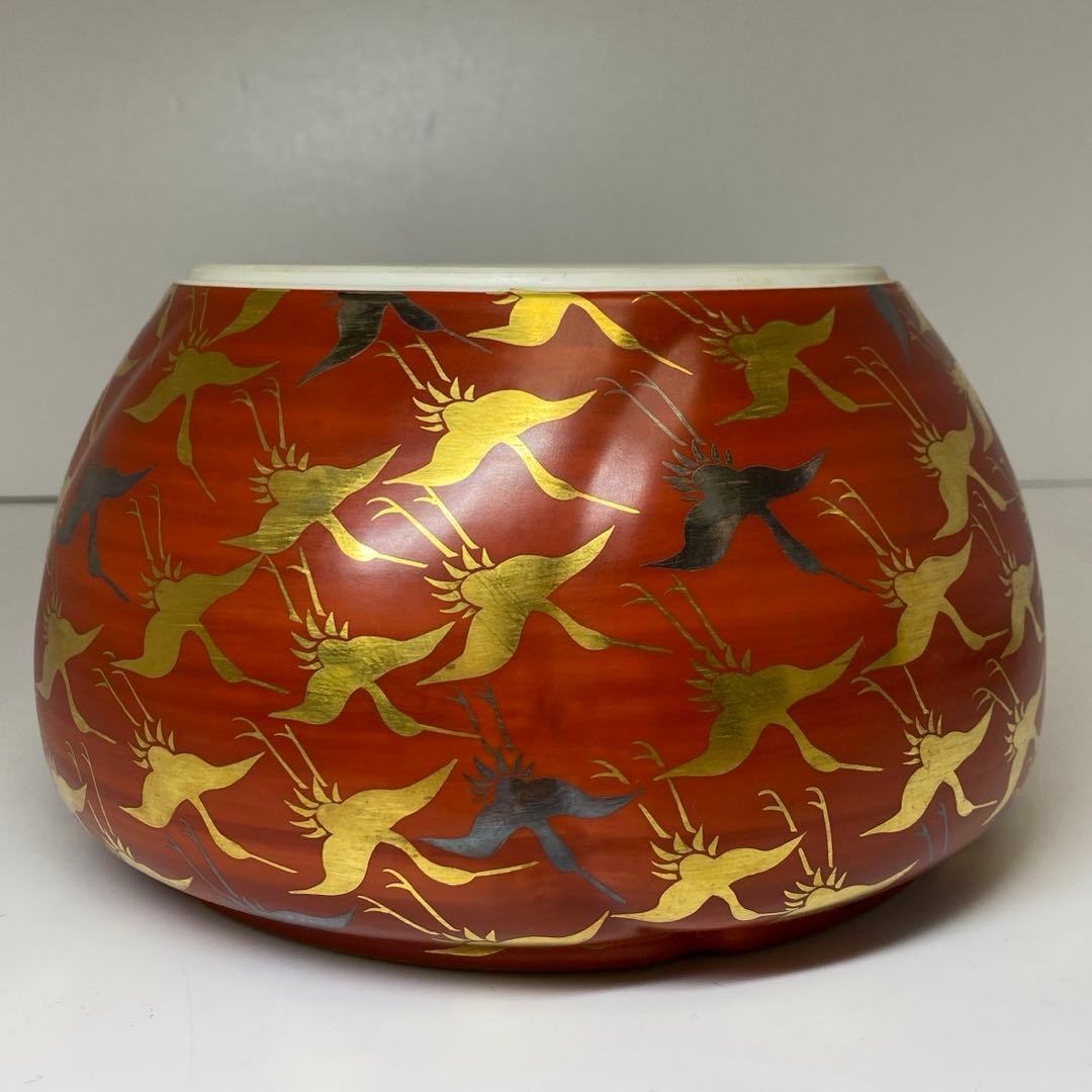 手塚祥堂（手塚央） 紅地千羽鶴文 水指 共箱 東キ7-1214①