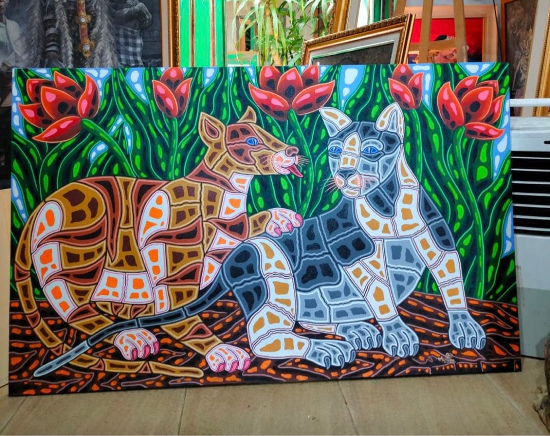 バリ絵画:猫のロマンス
