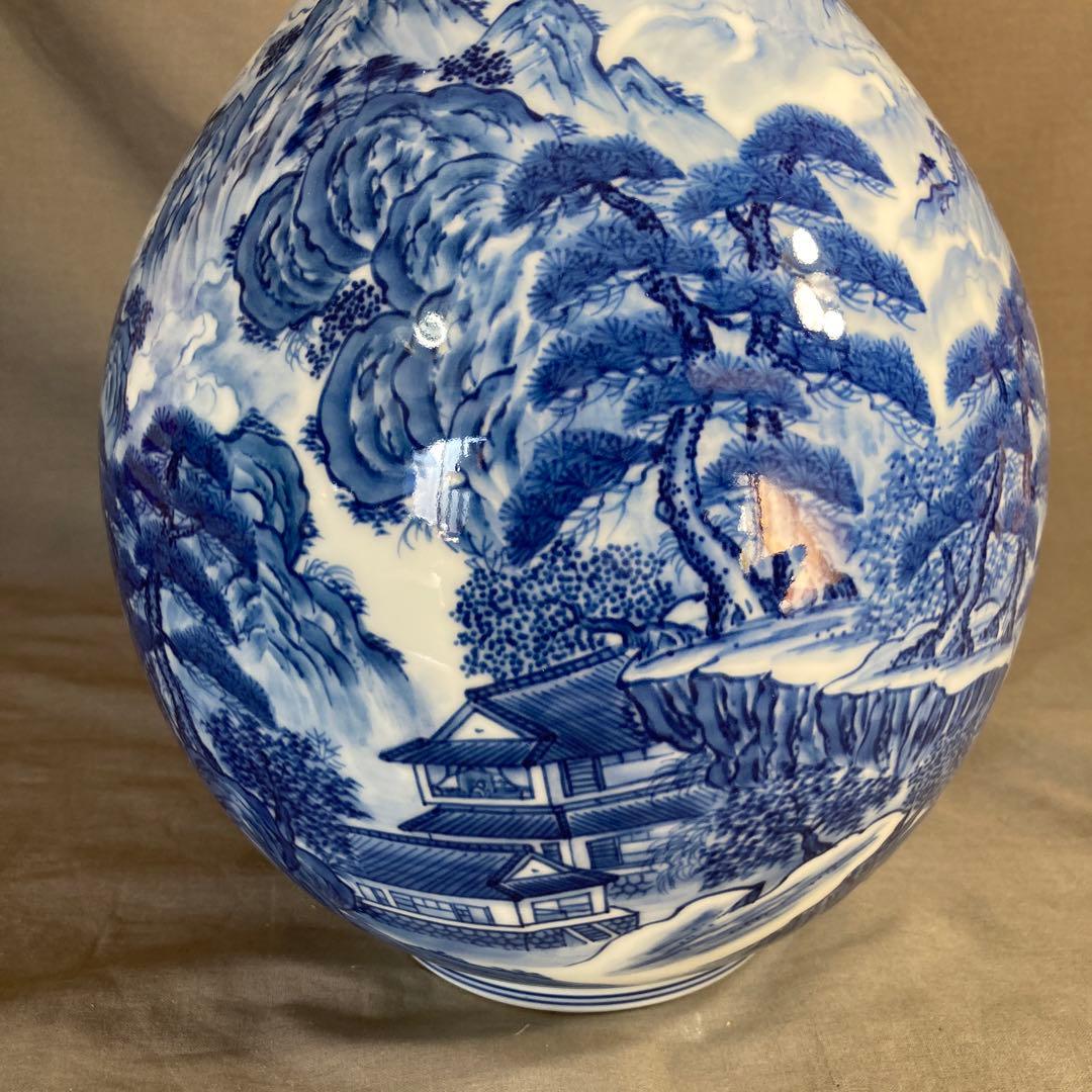 【彌左衛門】古伊万里の伝統　日本の名窯　松本彌左衛門作　染付廻り山水絵　大花瓶