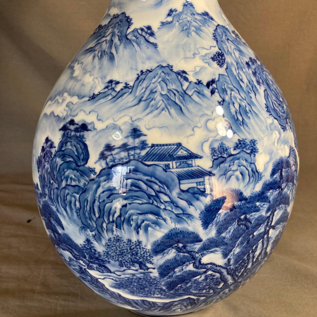 【彌左衛門】古伊万里の伝統　日本の名窯　松本彌左衛門作　染付廻り山水絵　大花瓶