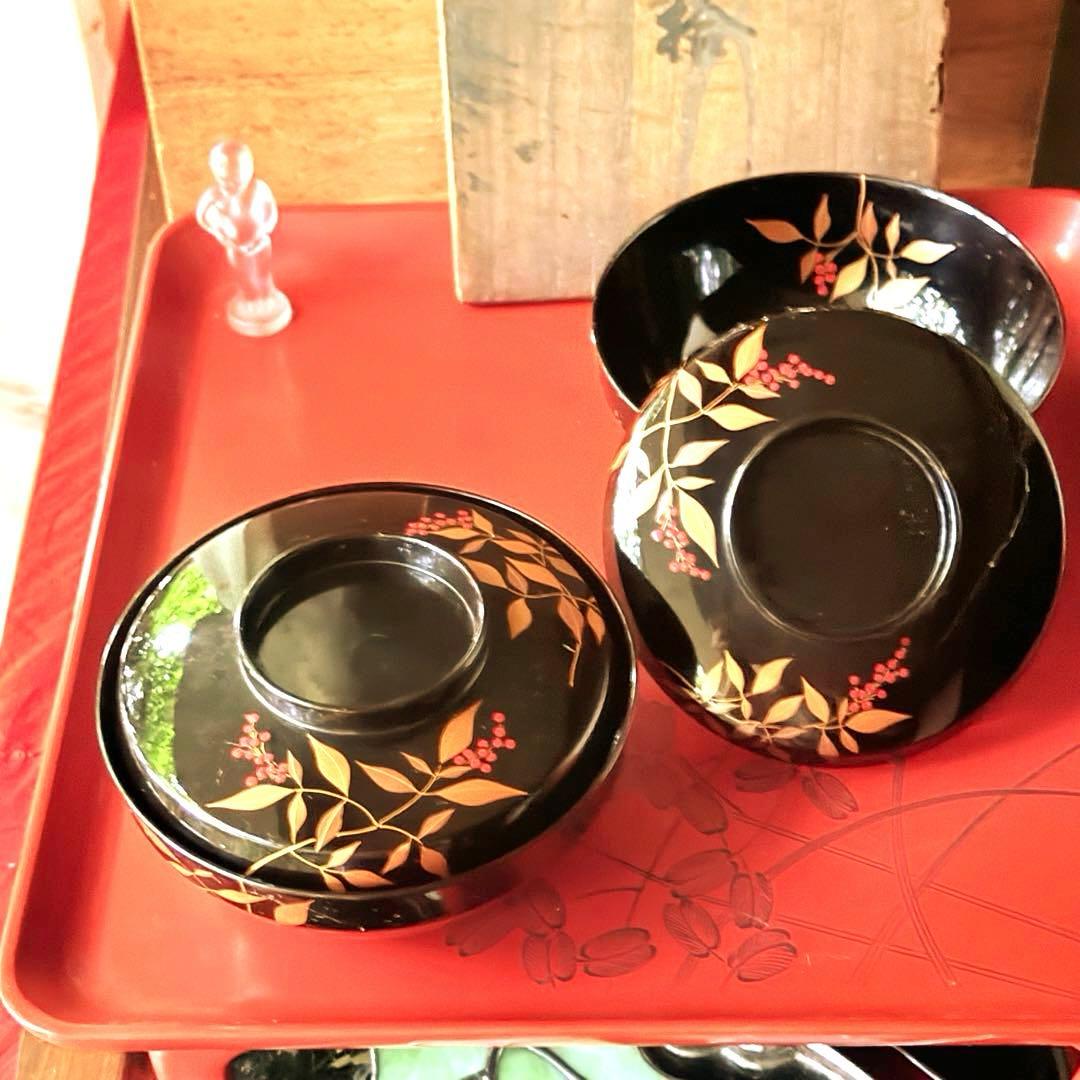 2192様感謝‼️JAPAN赤い実の南天蒔絵　明治32年‼️高台のない吸物椀 5客