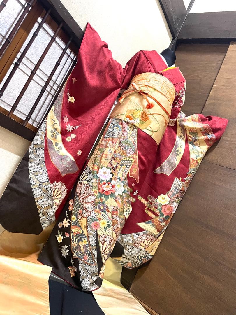 振袖フルセット6点M〜Lサイズ御所車花文　正絹　売り切り終了