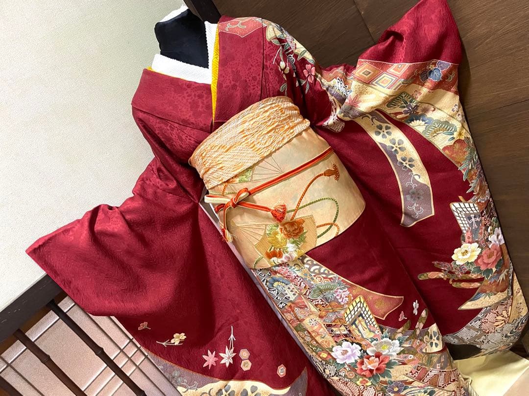 振袖フルセット6点M〜Lサイズ御所車花文　正絹　売り切り終了