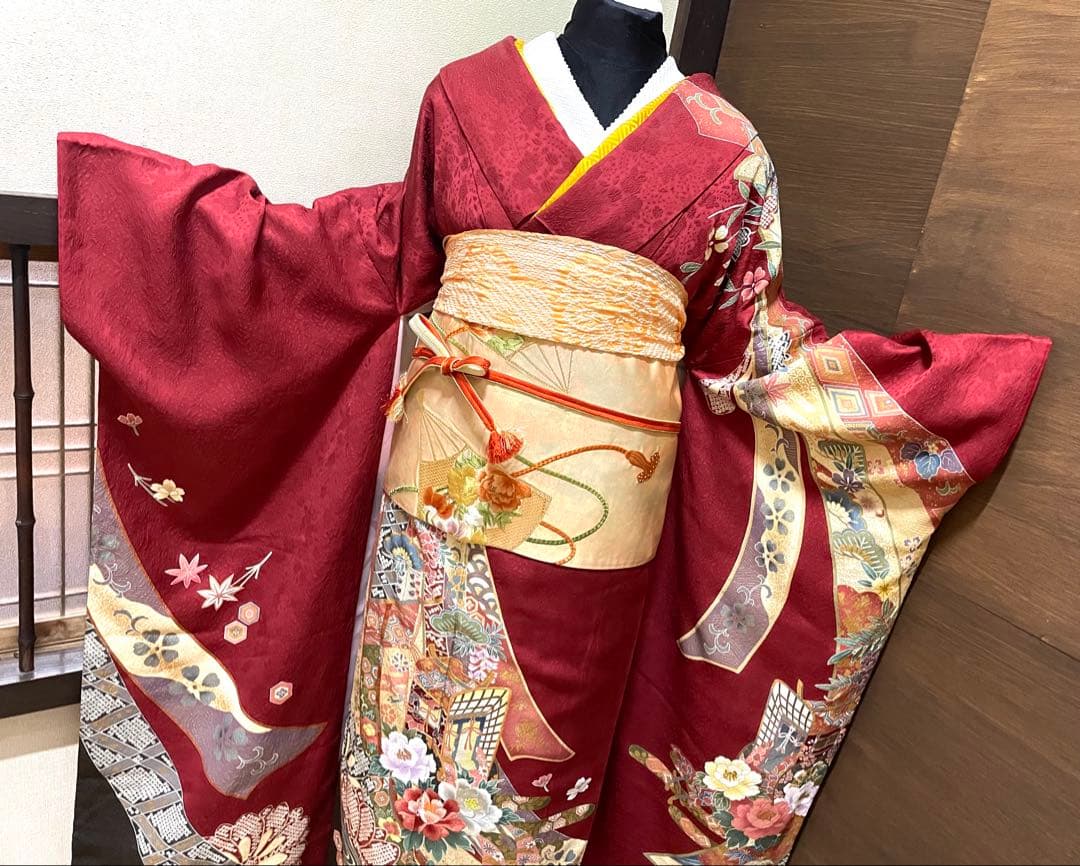 振袖フルセット6点M〜Lサイズ御所車花文　正絹　売り切り終了