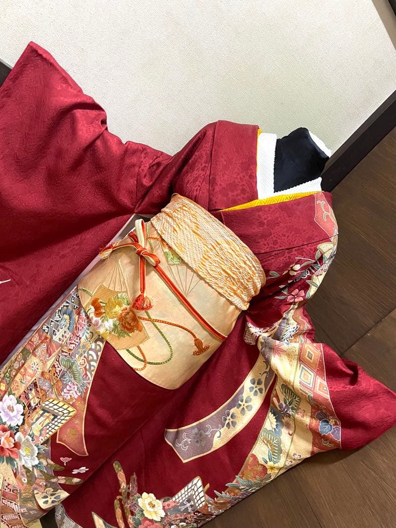 振袖フルセット6点M〜Lサイズ御所車花文　正絹　売り切り終了