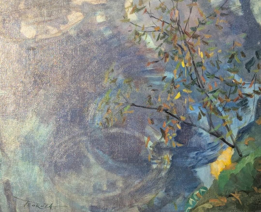 【真作】絵画　弦田英太郎　油彩8号　水紋　水面に揺れる秋の彩り　X158