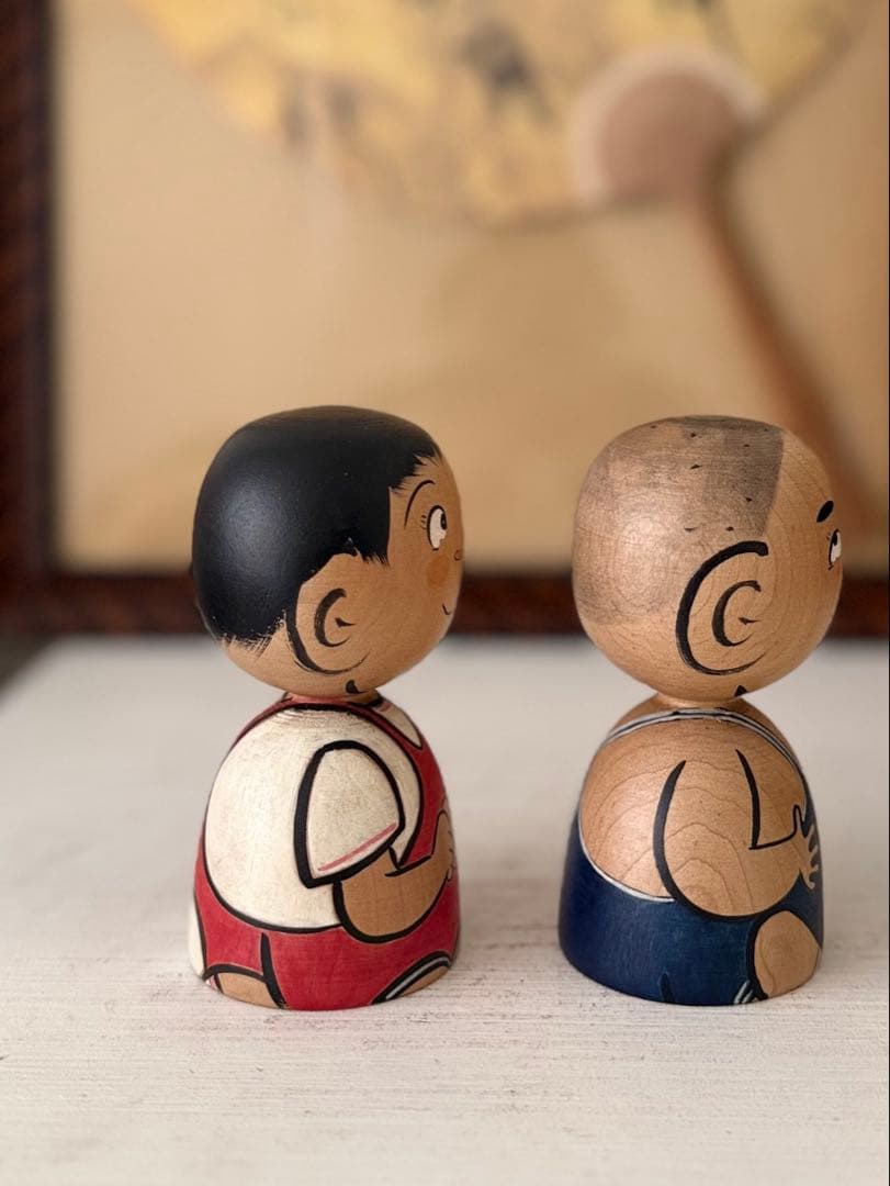 在銘「レスラー」こけし人形 ペア　11、5cm 作家物の可能性あり素朴な表情