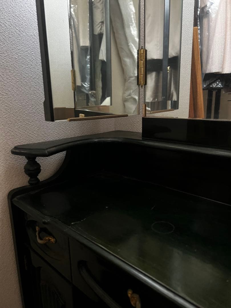 昭和レトロ　深緑色　木製ドレッサー 三面鏡付き