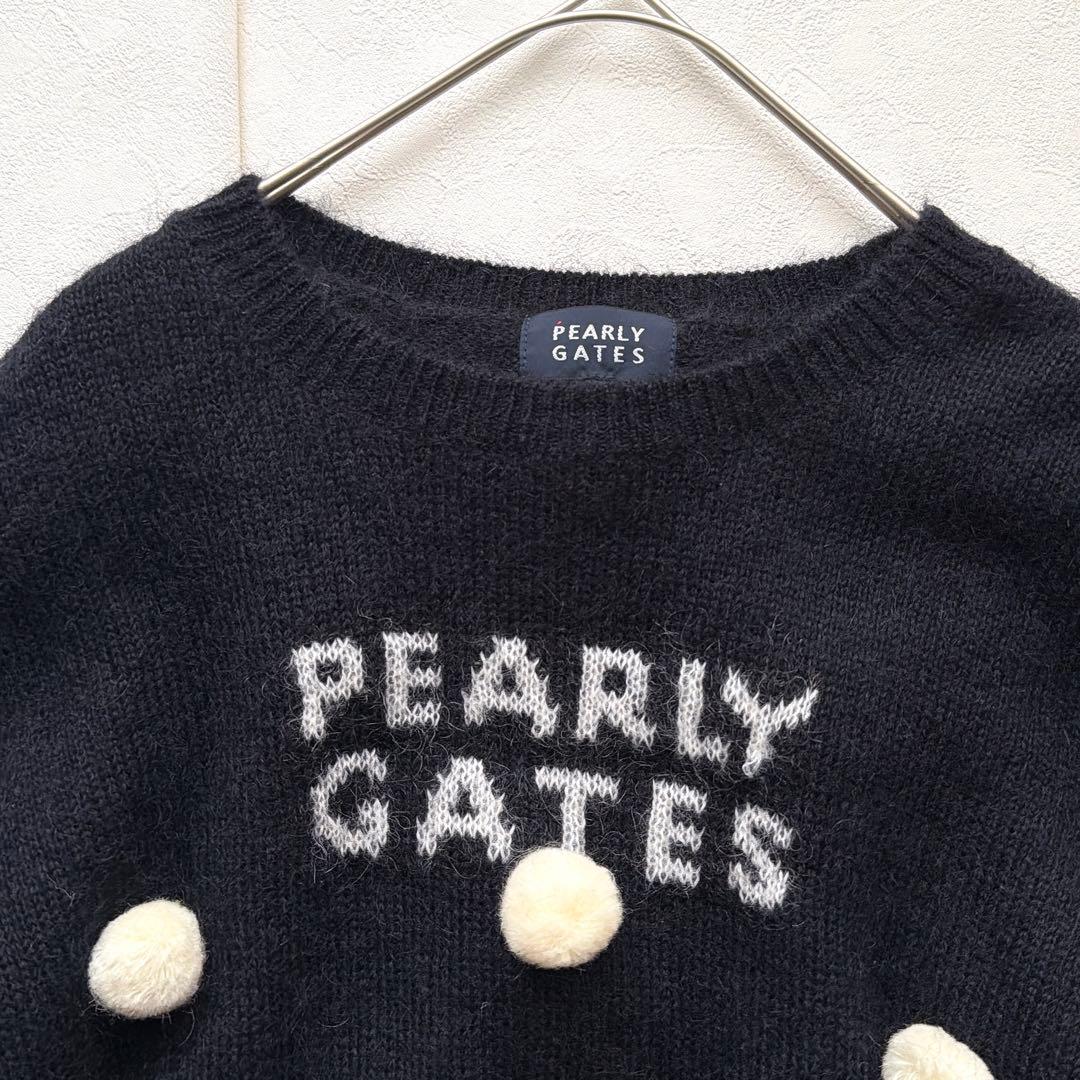 PEARLY GATES モヘア ニット セーター ロゴ刺繍 ポンポン 黒
