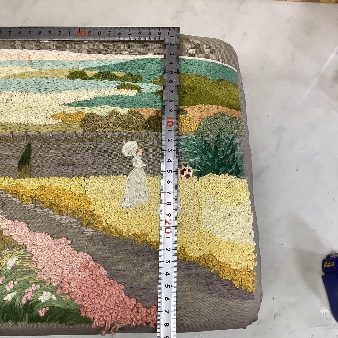 刺繍付き　アンティーク　ブラウン　猫足　スツール　刺繍　椅子　レトロ（I-22）