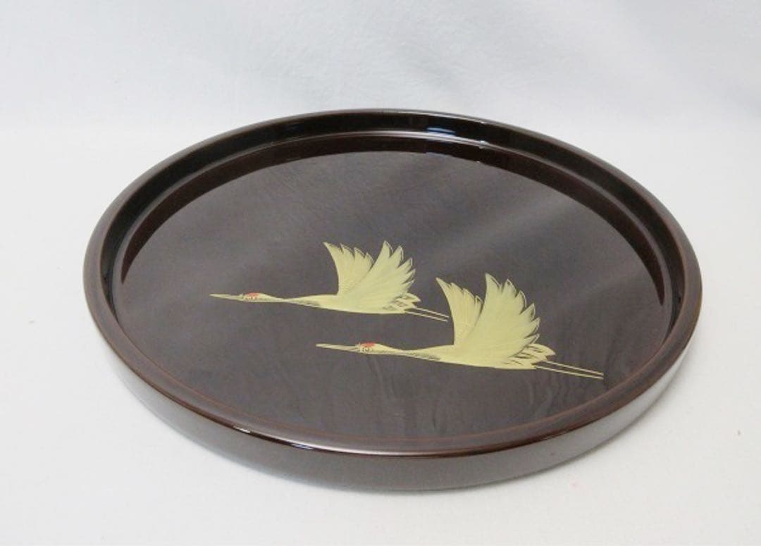 ほぼ未使用 懐石道具 越前塗 天然木製 溜塗 鶴蒔絵 丸膳4客揃 元箱