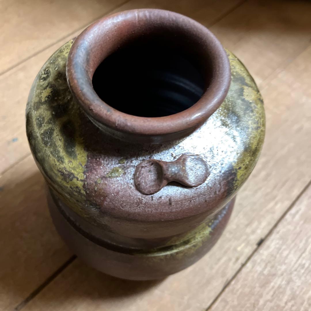 陶器の花瓶 茶色と緑の釉薬 丹波