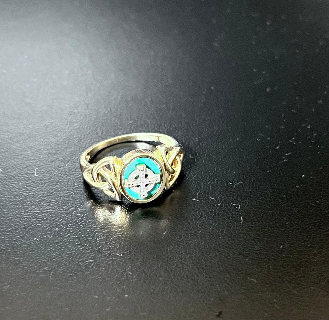 50s Celtic 9K Gold 翡翠 ダイヤモンド リング 18.5号