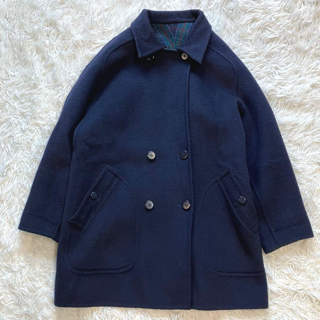 DAKS ダックス リバーシブルコート ダブル チェック ネイビー ミドル丈