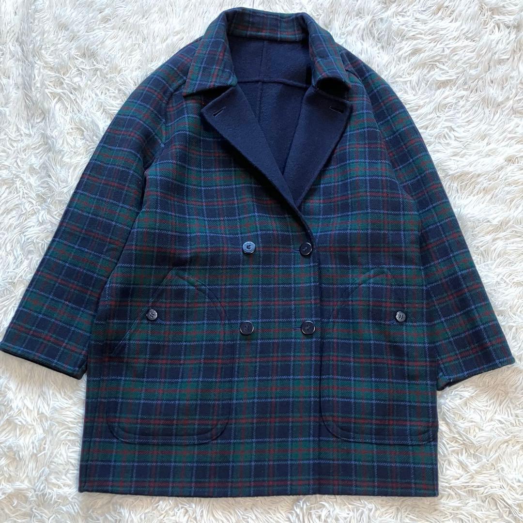 DAKS ダックス リバーシブルコート ダブル チェック ネイビー ミドル丈