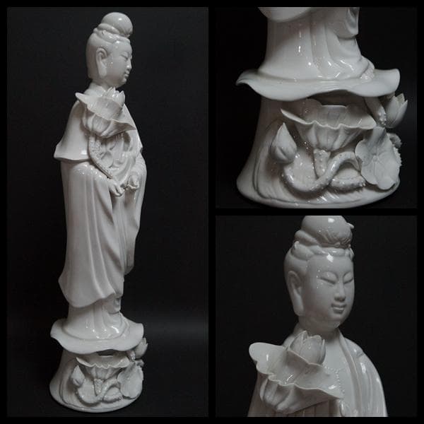 徳化窯 細工彫り『蓮上白磁観音様』 仏教美術 高さ40.5cm