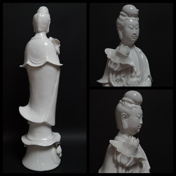 徳化窯 細工彫り『蓮上白磁観音様』 仏教美術 高さ40.5cm