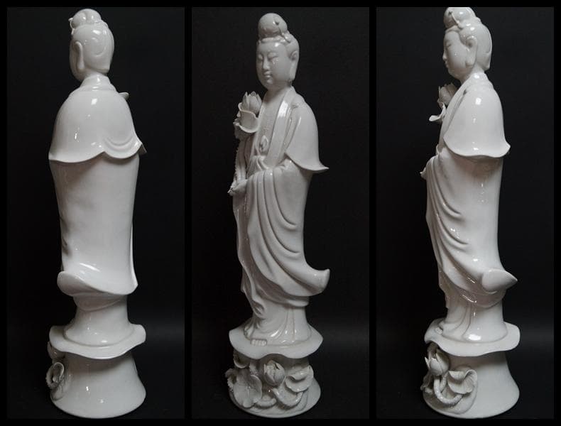 徳化窯 細工彫り『蓮上白磁観音様』 仏教美術 高さ40.5cm